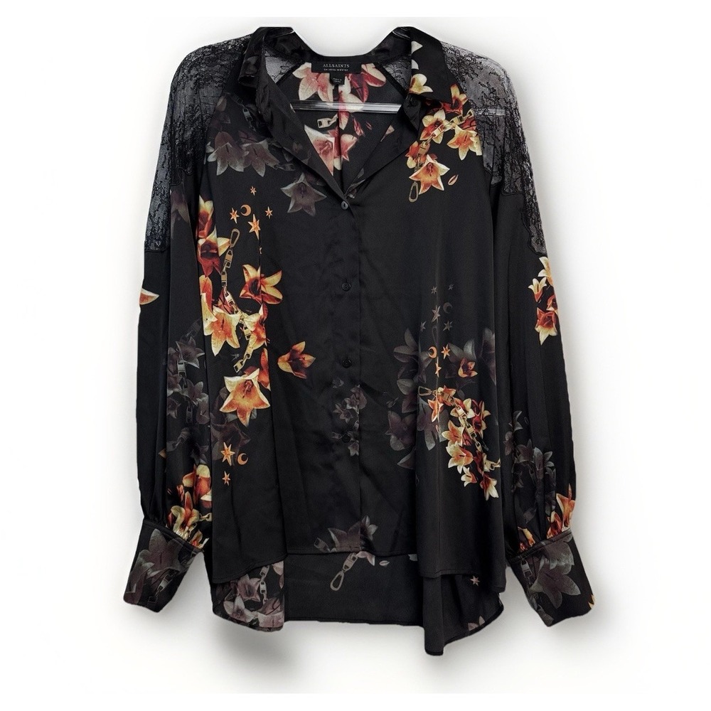 AllSaints Oana Stargazer Print Satin Shirt Women's 10 Black‎ Floral Lace $210
